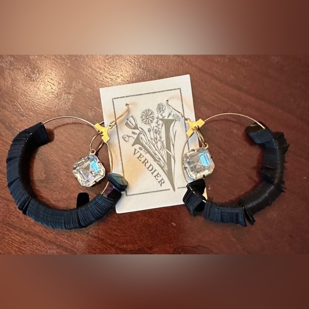 Black and Gold Hoop Earrings with Swarovski Accent